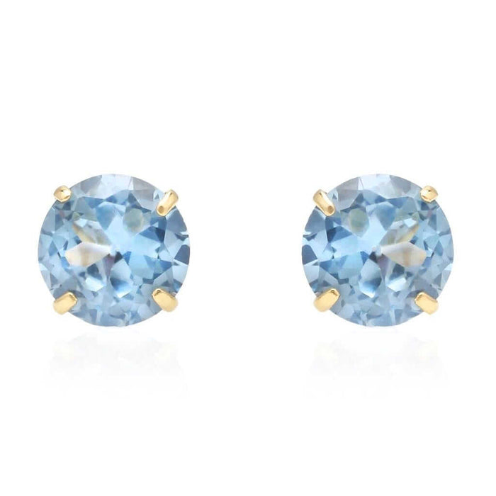 Real 14K Gold 2Ct Round March Birthstone Created Aquamarine Stud Earrings