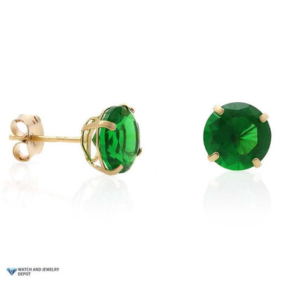 14K Yellow Gold 2Ct Round May Birthstone Simulated Emerald Stud Earrings