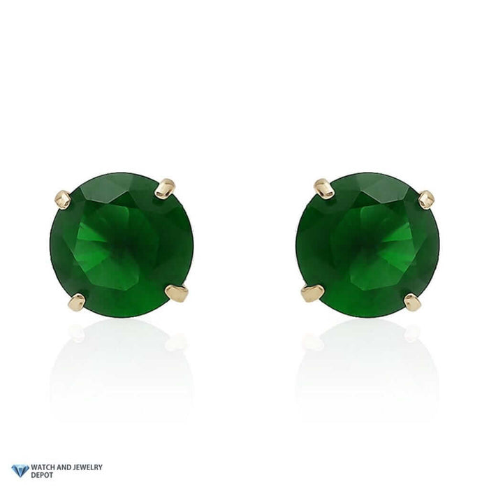 14K Yellow Gold 2Ct Round May Birthstone Simulated Emerald Stud Earrings