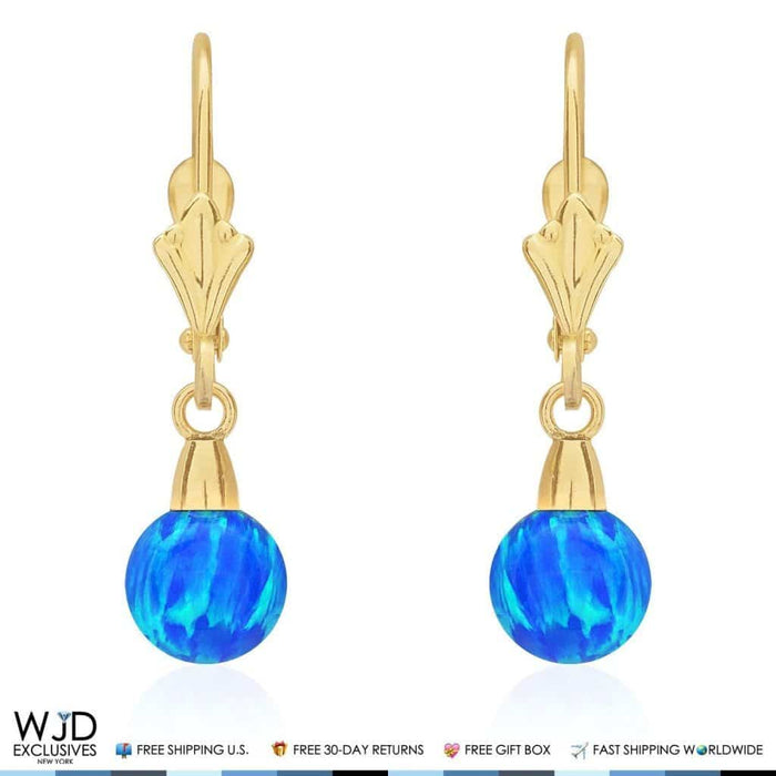 14K Yellow Gold 6mm Ball Shaped Blue Fire Opal Leverback Dangle Earrings 1"