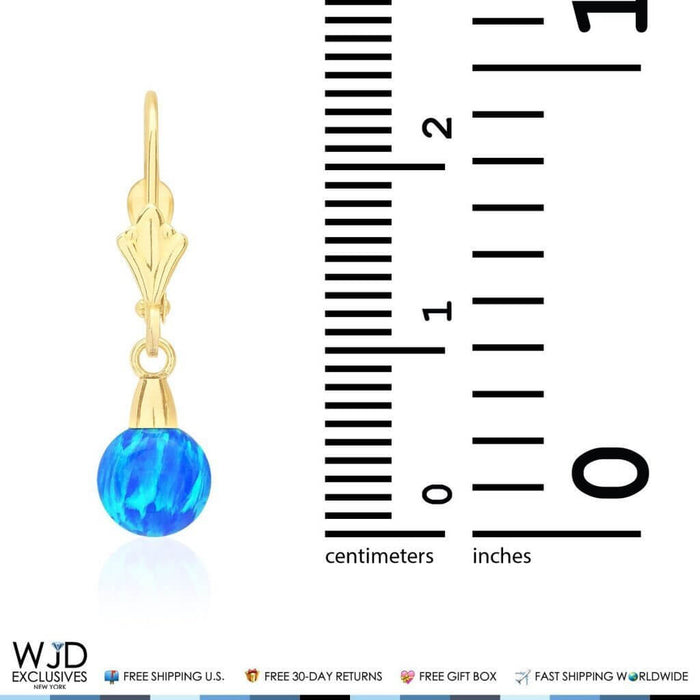 14K Yellow Gold 6mm Ball Shaped Blue Fire Opal Leverback Dangle Earrings 1"