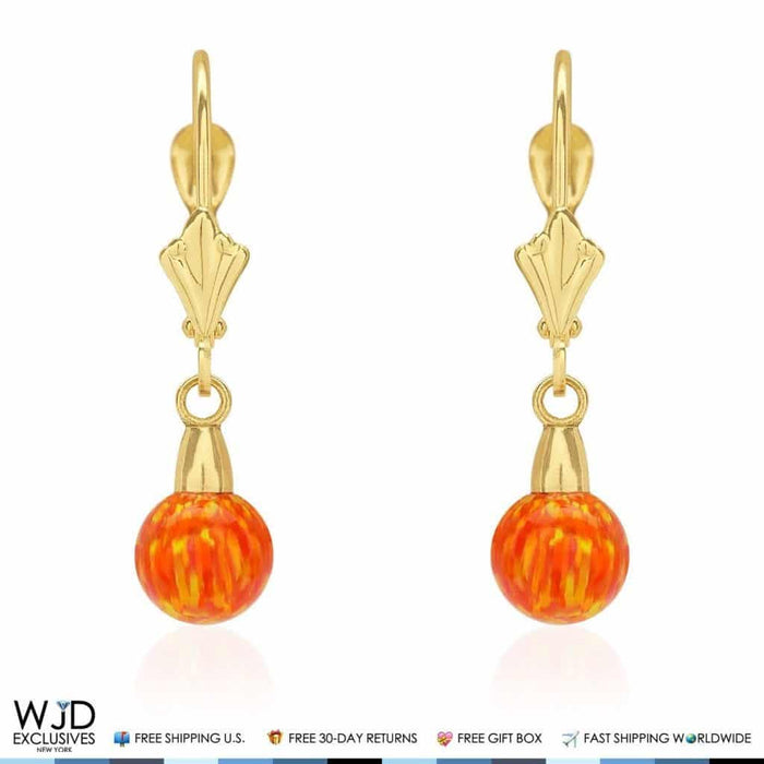 14K Yellow Gold 6mm Ball Orange Fire Opal Leverback Dangle Earrings 1"