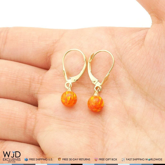 14K Yellow Gold 6mm Ball Orange Fire Opal Leverback Dangle Earrings 1"