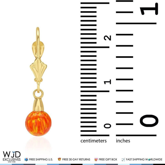 14K Yellow Gold 6mm Ball Orange Fire Opal Leverback Dangle Earrings 1"