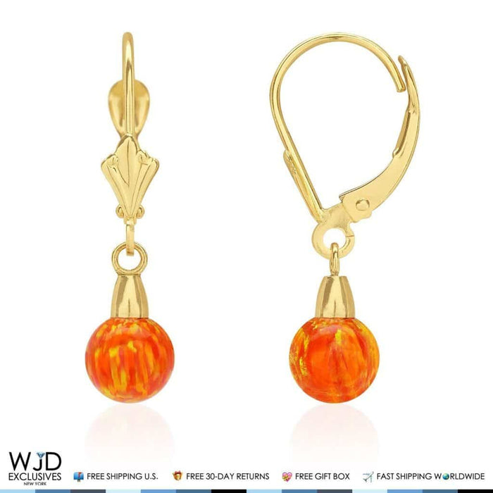 14K Yellow Gold 6mm Ball Orange Fire Opal Leverback Dangle Earrings 1"