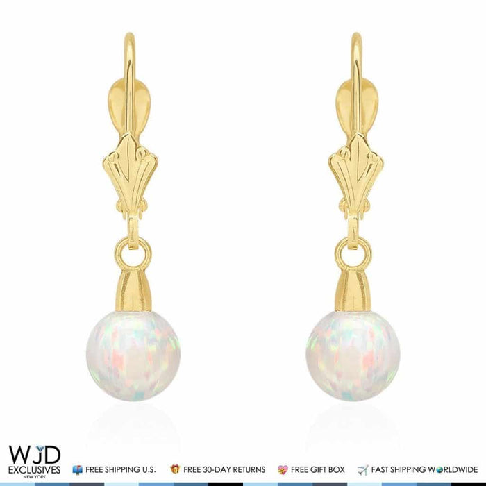 14K Yellow Gold 6mm Ball Shaped White Fire Opal Leverback Dangle Earrings 1"