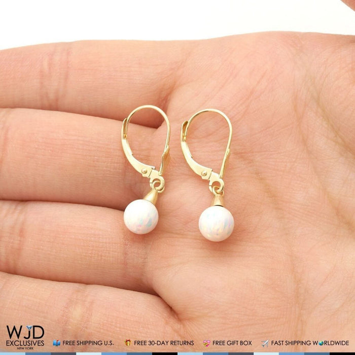 14K Yellow Gold 6mm Ball Shaped White Fire Opal Leverback Dangle Earrings 1"