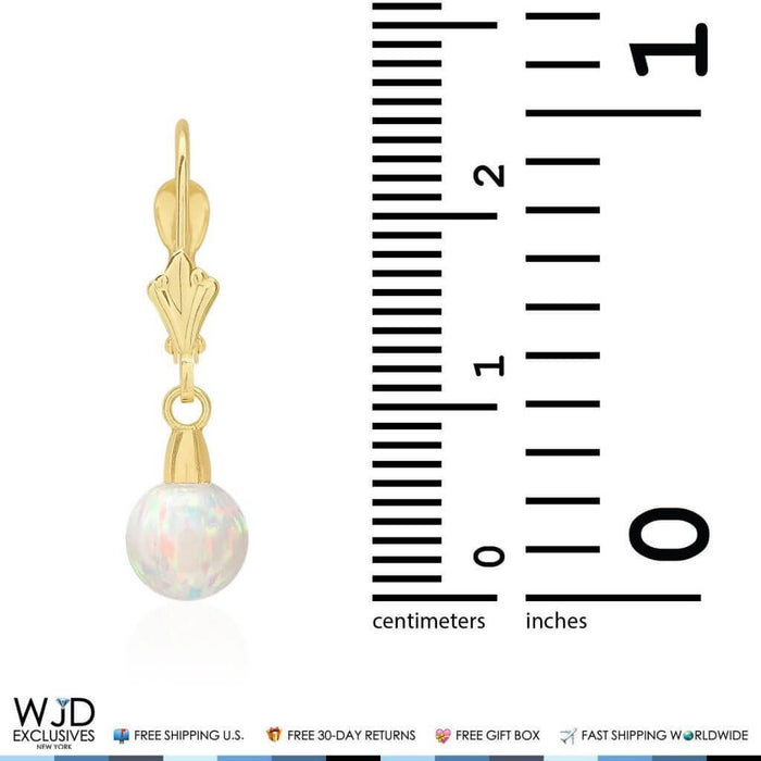 14K Yellow Gold 6mm Ball Shaped White Fire Opal Leverback Dangle Earrings 1"