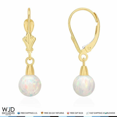 14K Yellow Gold 6mm Ball Shaped White Fire Opal Leverback Dangle Earrings 1"