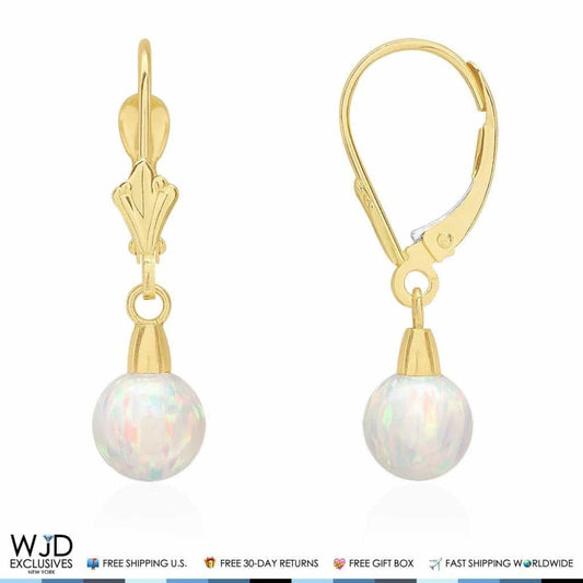14K Yellow Gold 6 mm Ball Shaped White Fire Opal Leverback Dangle Earrings 1"