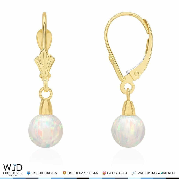 14K Yellow Gold 6mm Ball Shaped White Fire Opal Leverback Dangle Earrings 1"