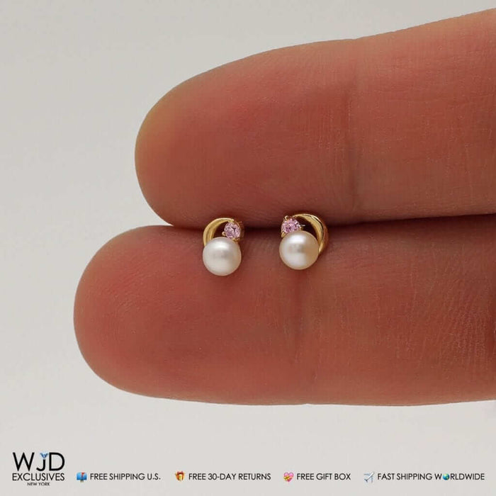 14K Yellow Gold 6mm Pink Tourmaline Cultured Freshwater Pearl Stud Earrings