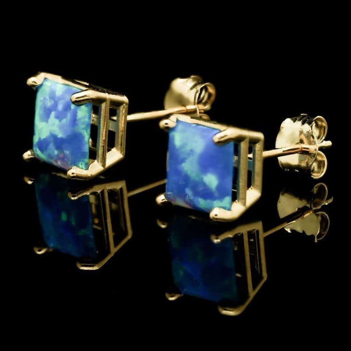 Blue Simulated Opal 14K Yellow Gold Square Push-Back Solitaire Stud Earrings 7mm