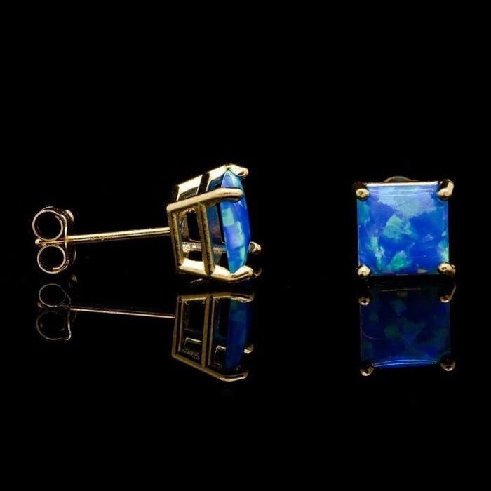 Blue Simulated Opal 14K Yellow Gold Square Push-Back Solitaire Stud Earrings 7mm