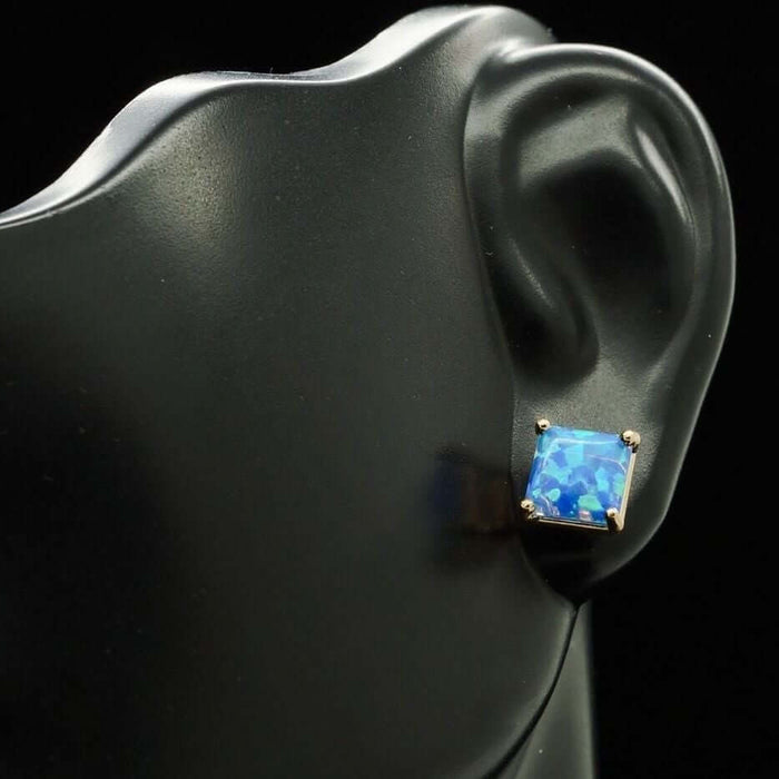 Blue Simulated Opal 14K Yellow Gold Square Push-Back Solitaire Stud Earrings 7mm
