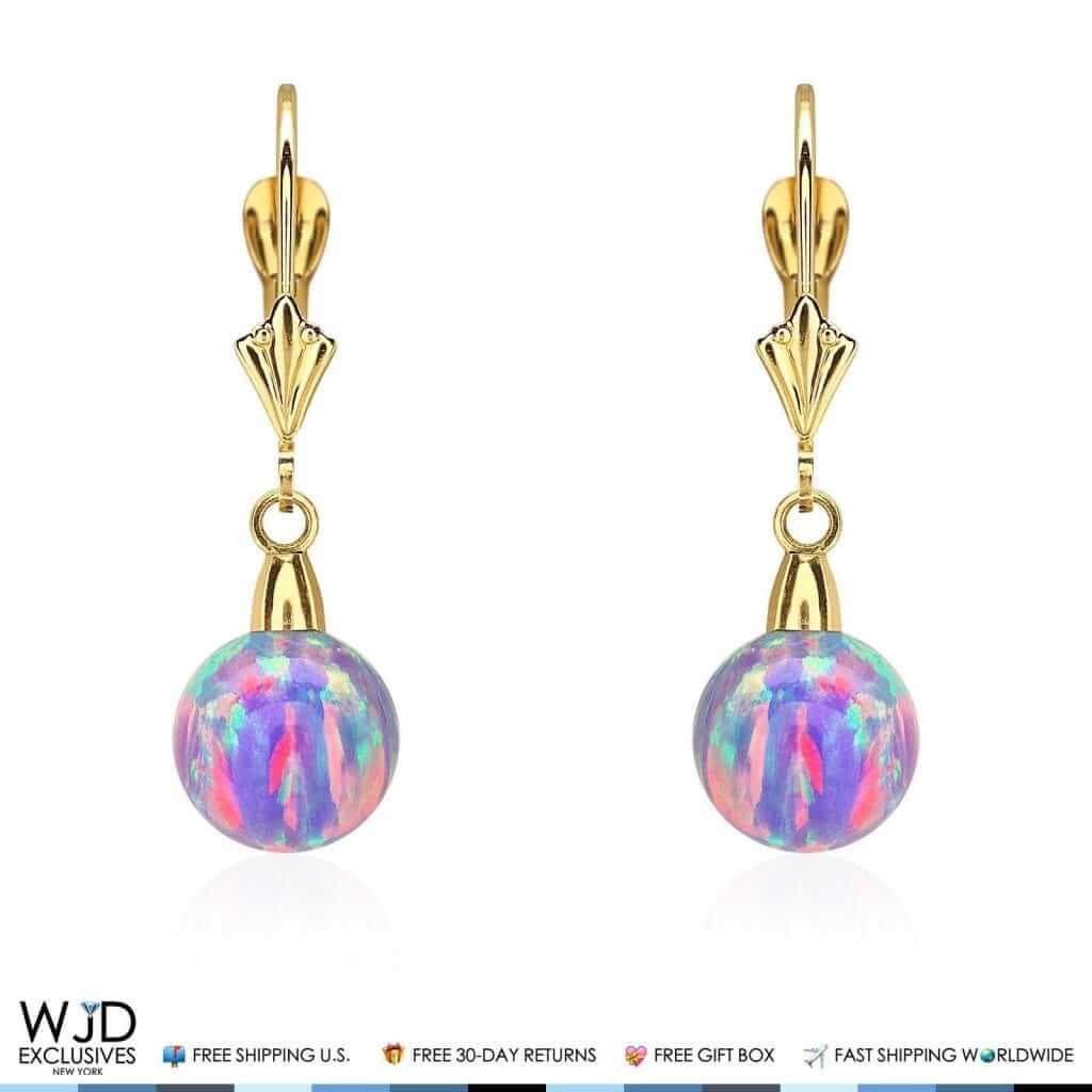 14K Yellow Gold 8mm Ball Shaped Purple Fire Opal Leverback Dangle Earrings 1"