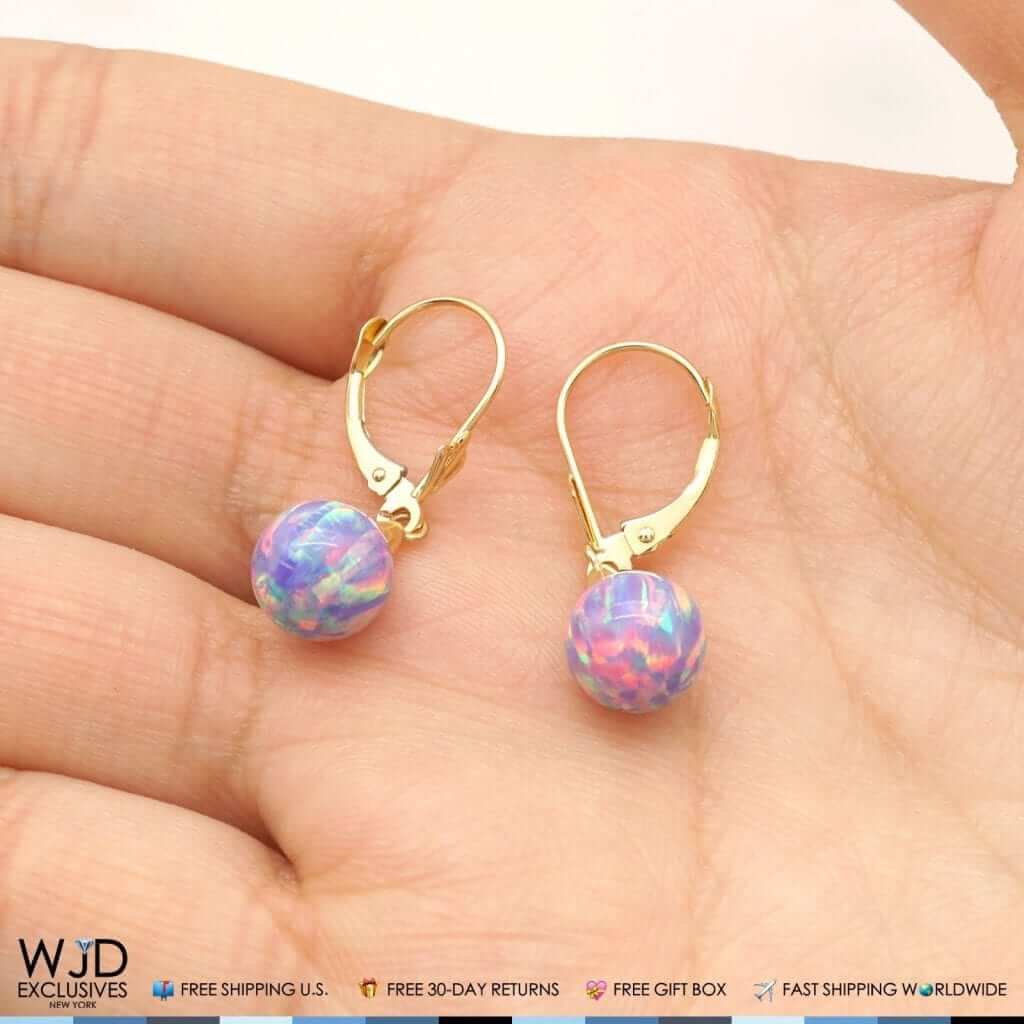 14K Yellow Gold 8mm Ball Shaped Purple Fire Opal Leverback Dangle Earrings 1"