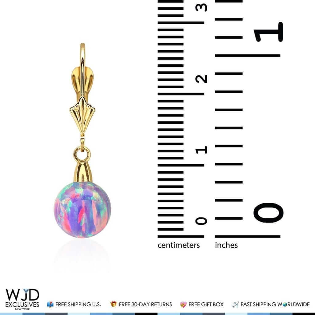 14K Yellow Gold 8mm Ball Shaped Purple Fire Opal Leverback Dangle Earrings 1"