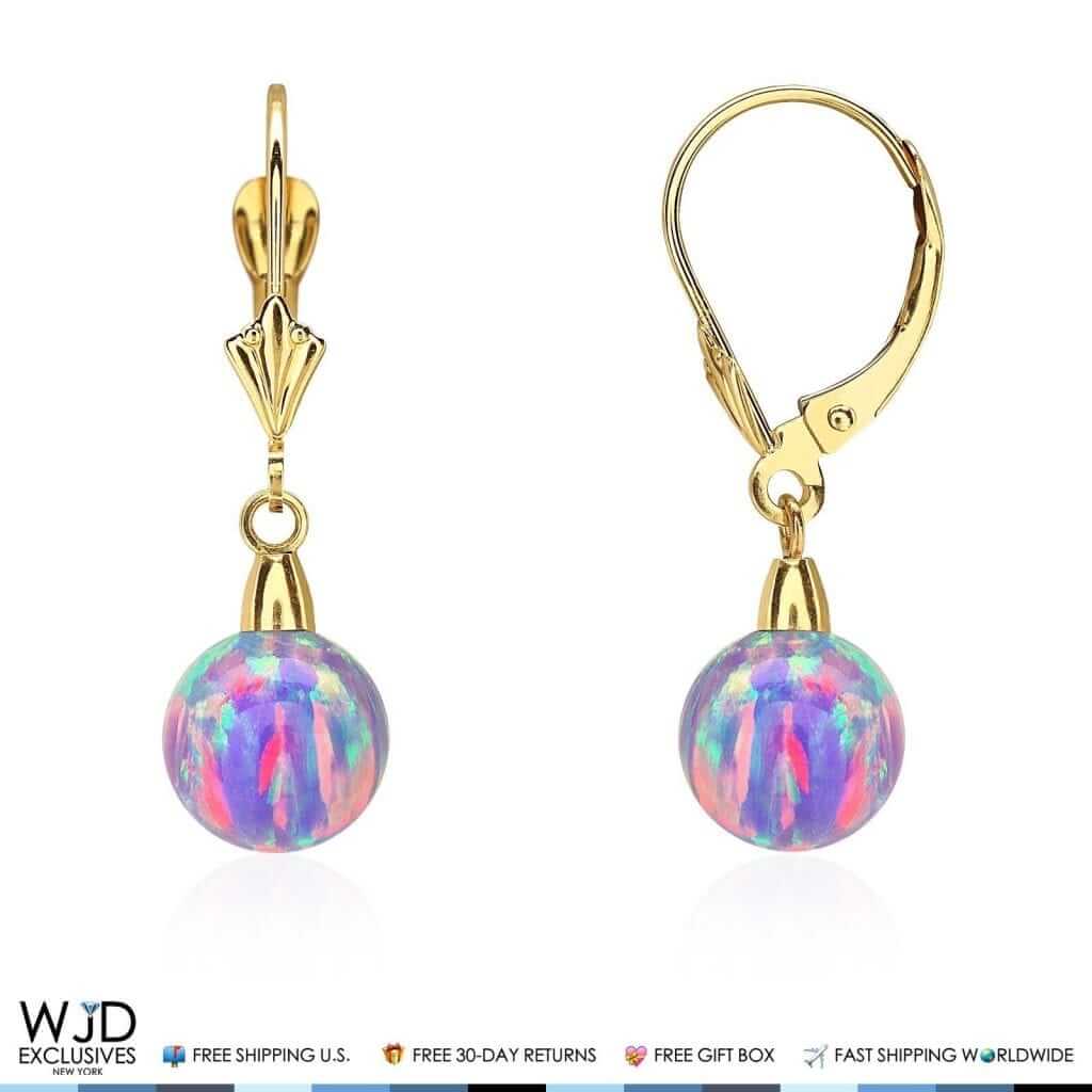 14K Yellow Gold 8mm Ball Shaped Purple Fire Opal Leverback Dangle Earrings 1"