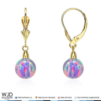 14K Yellow Gold 8mm Ball Shaped Purple Fire Opal Leverback Dangle Earrings 1"