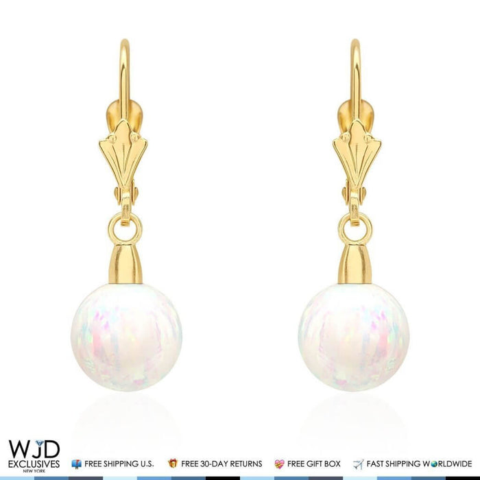 14K Yellow Gold 8mm Ball Shaped White Fire Opal Leverback Dangle Earrings 1"