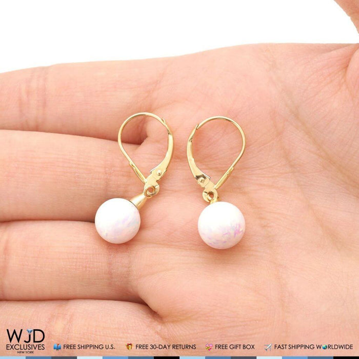 14K Yellow Gold 8mm Ball Shaped White Fire Opal Leverback Dangle Earrings 1"