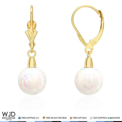 14K Yellow Gold 8mm Ball Shaped White Fire Opal Leverback Dangle Earrings 1"