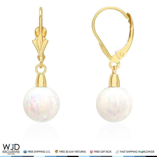 14K Yellow Gold 8 mm Ball Shaped White Fire Opal Leverback Dangle Earrings 1"