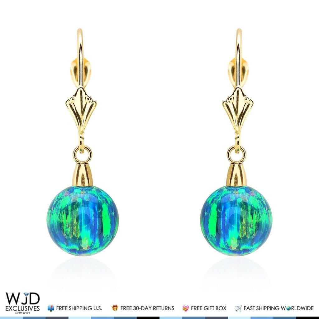 14K Yellow Gold 9mm Ball Shaped Blue Green Fire Opal Leverback Dangle Earrings