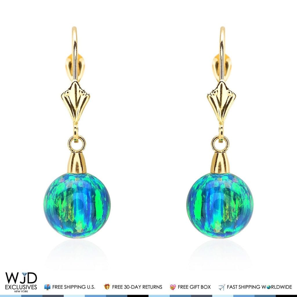 14K Yellow Gold 9 mm Ball Shaped Blue Green Fire Opal Leverback Dangle Earrings