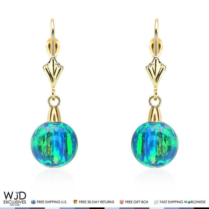 14K Yellow Gold 9mm Ball Shaped Blue Green Fire Opal Leverback Dangle Earrings