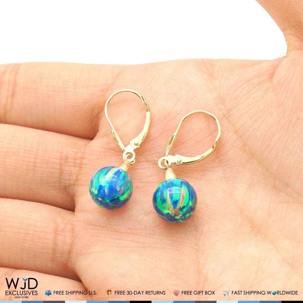 14K Yellow Gold 9 mm Ball Shaped Blue Green Fire Opal Leverback Dangle Earrings