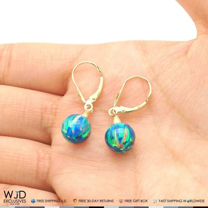 14K Yellow Gold 9mm Ball Shaped Blue Green Fire Opal Leverback Dangle Earrings
