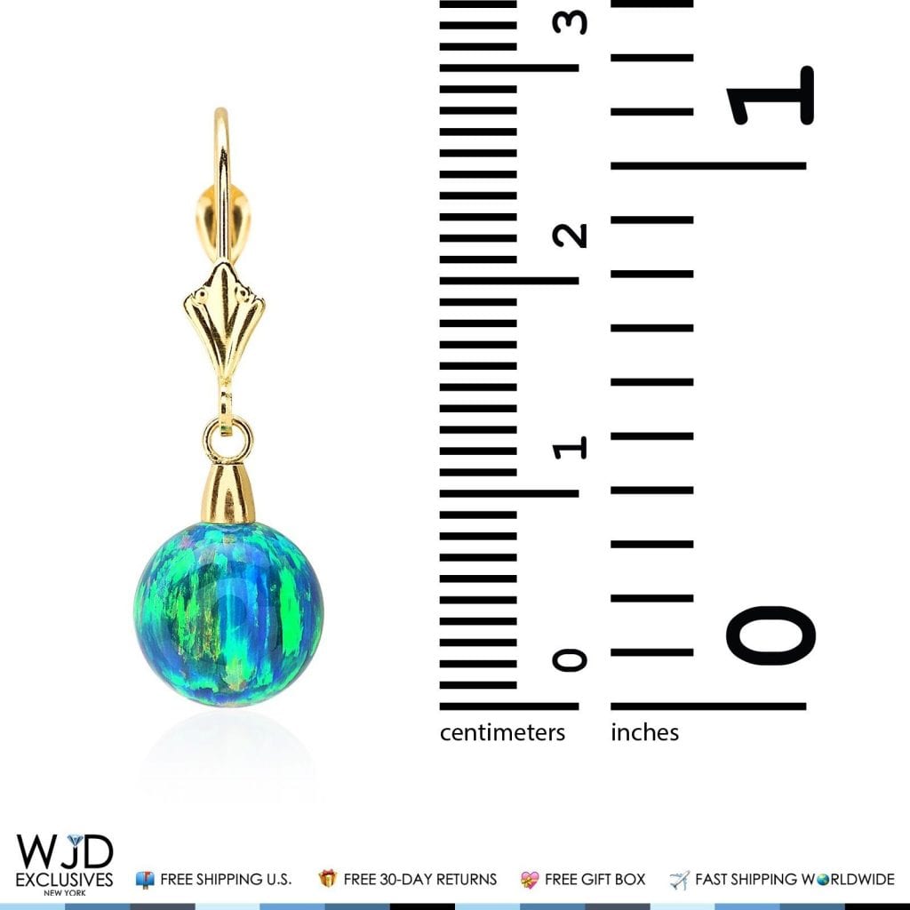 14K Yellow Gold 9 mm Ball Shaped Blue Green Fire Opal Leverback Dangle Earrings