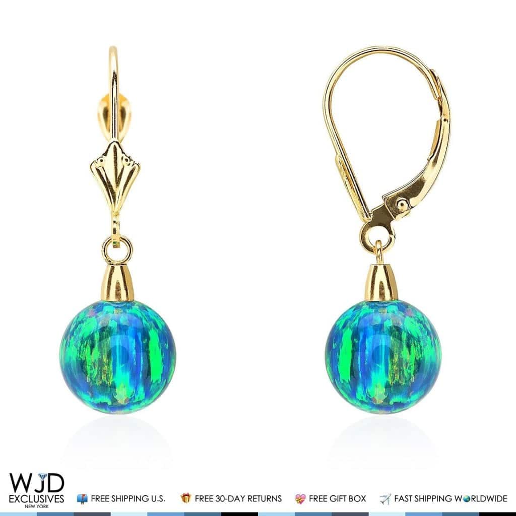 14K Yellow Gold 9 mm Ball Shaped Blue Green Fire Opal Leverback Dangle Earrings