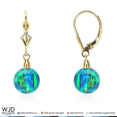 14K Yellow Gold 9mm Ball Shaped Blue Green Fire Opal Leverback Dangle Earrings