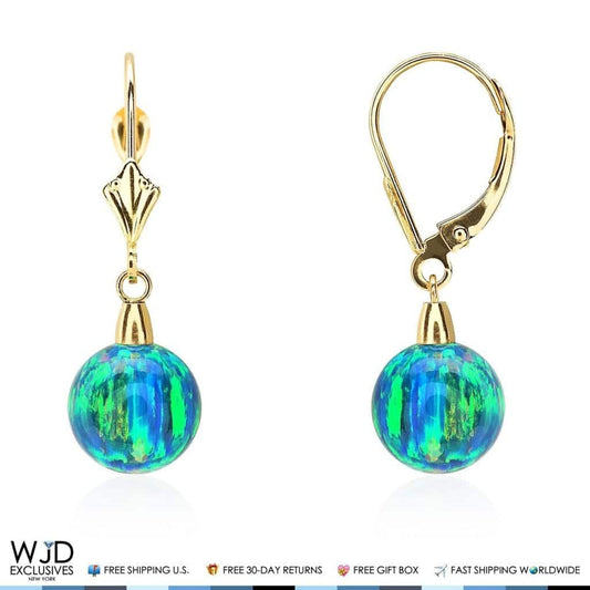 14K Yellow Gold 9 mm Ball Shaped Blue Green Fire Opal Leverback Dangle Earrings