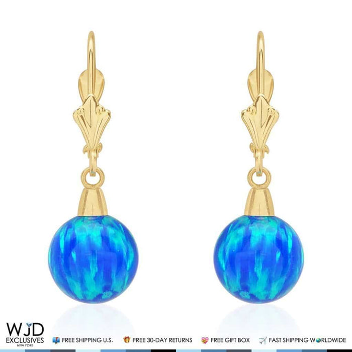 14K Yellow Gold 9mm Ball Shaped Deep Blue Fire Opal Leverback Dangle Earrings