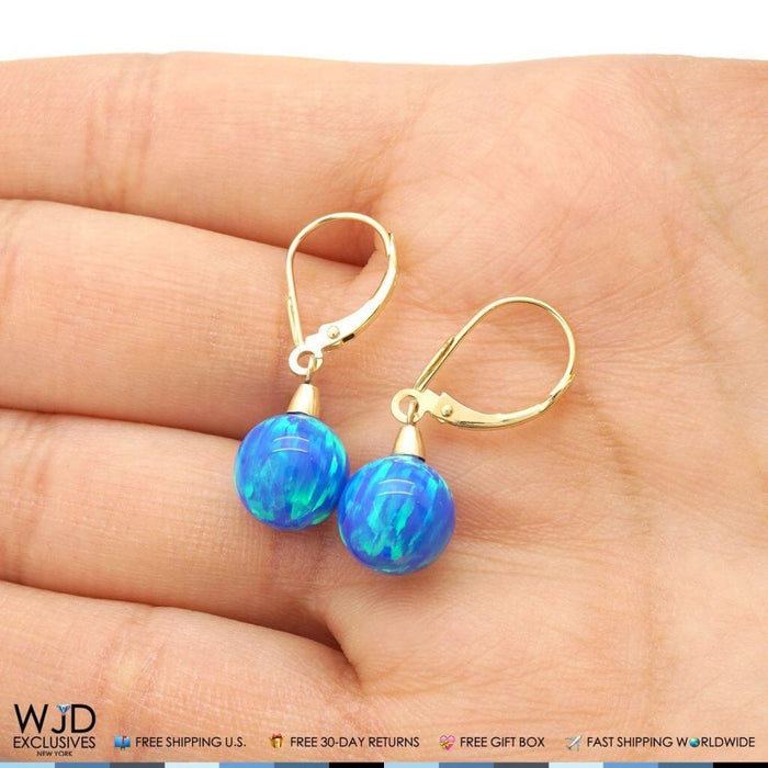 14K Yellow Gold 9mm Ball Shaped Deep Blue Fire Opal Leverback Dangle Earrings
