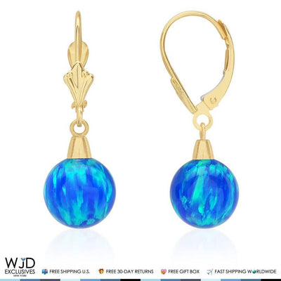 14K Yellow Gold 9mm Ball Shaped Deep Blue Fire Opal Leverback Dangle Earrings