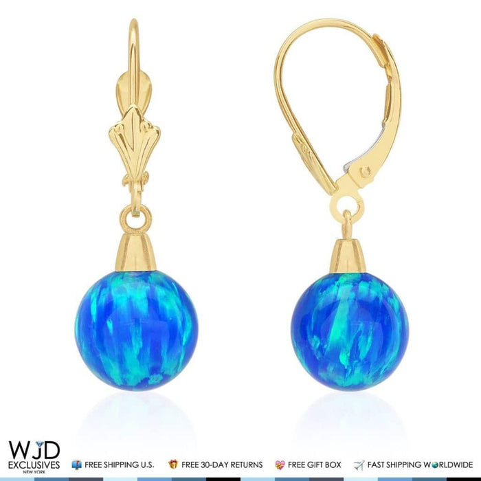 14K Yellow Gold 9mm Ball Shaped Deep Blue Fire Opal Leverback Dangle Earrings