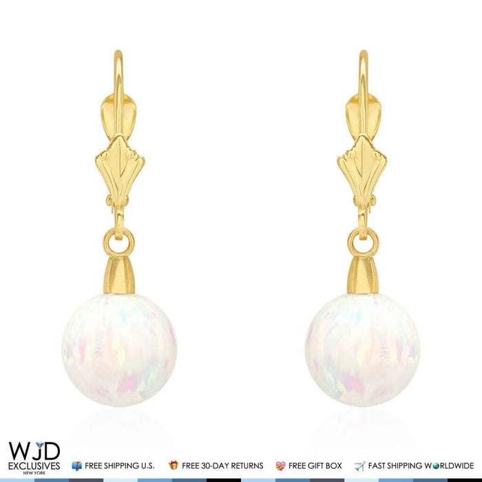 14K Yellow Gold 9mm Ball Shaped White Fire Opal Leverback Dangle Earrings 1"