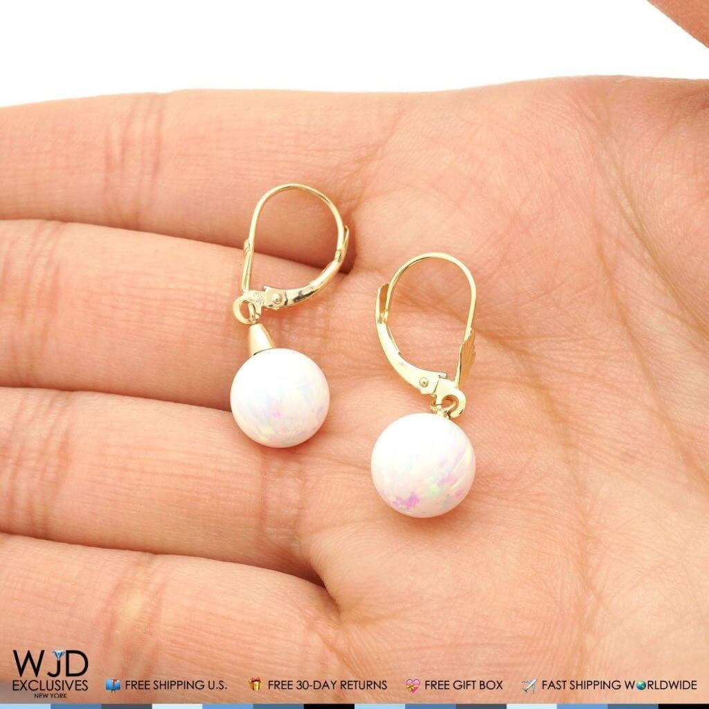 14K Yellow Gold 9mm Ball Shaped White Fire Opal Leverback Dangle Earrings 1"