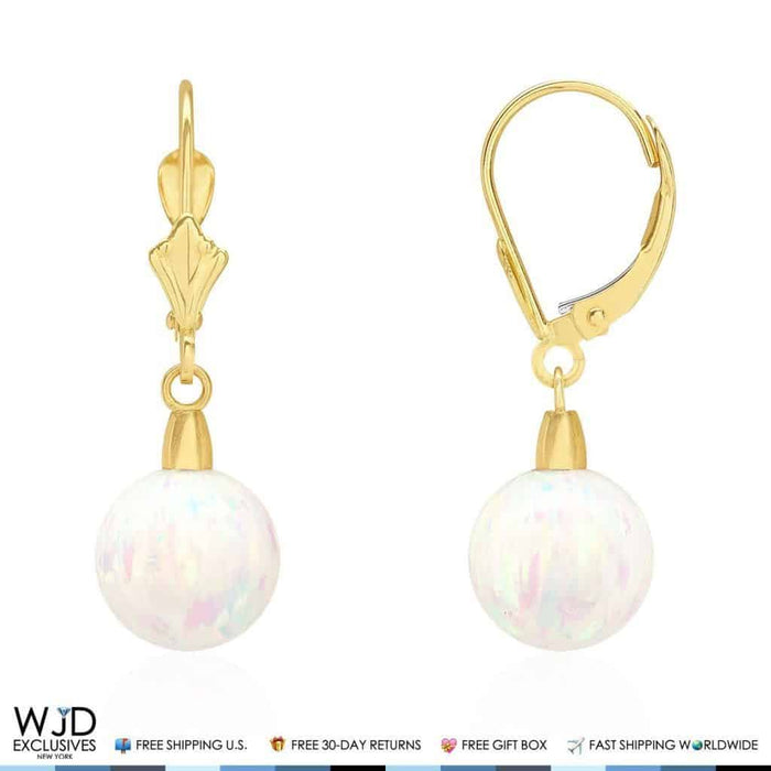 14K Yellow Gold 9mm Ball Shaped White Fire Opal Leverback Dangle Earrings 1"