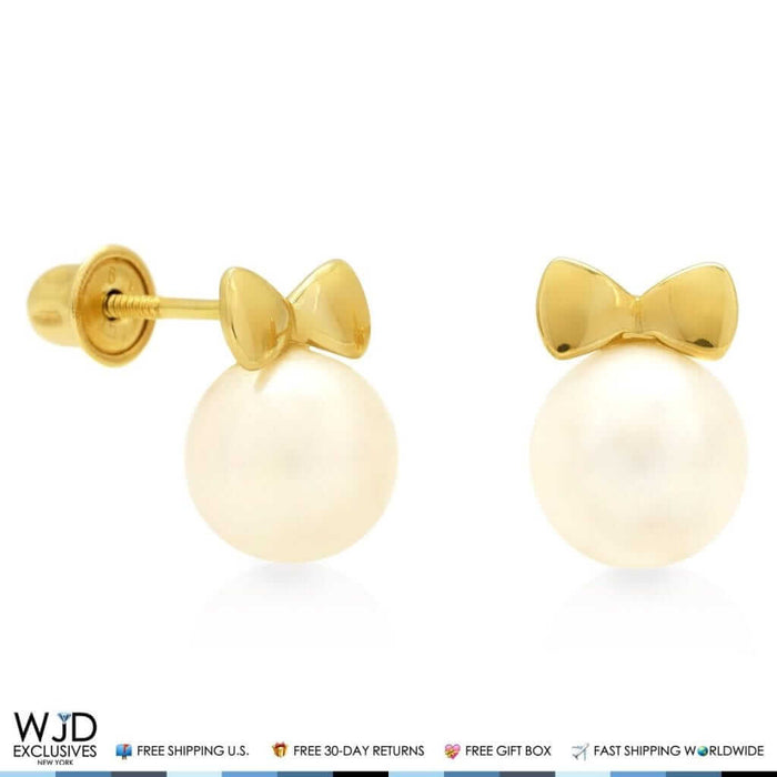 14K Yellow Gold 9mm Cultured Freshwater Pearl Bow-Tie Stud Earrings