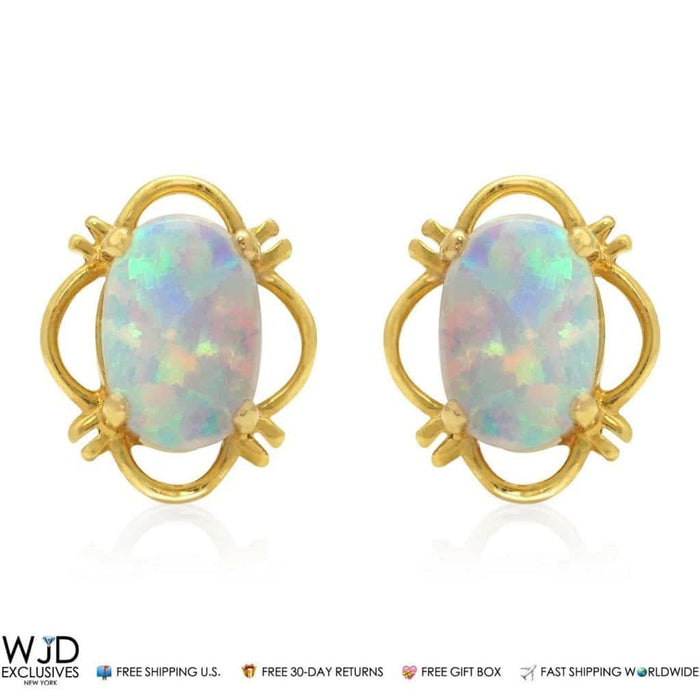 14K Yellow Gold 9mm Oval Shape White Fire Opal Stud Screw back Earrings