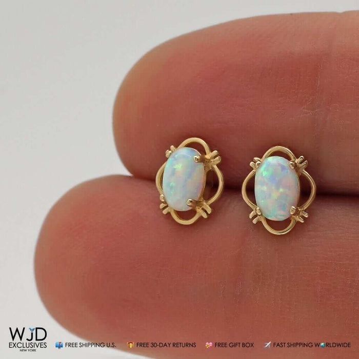 14K Yellow Gold 9mm Oval Shape White Fire Opal Stud Screw back Earrings