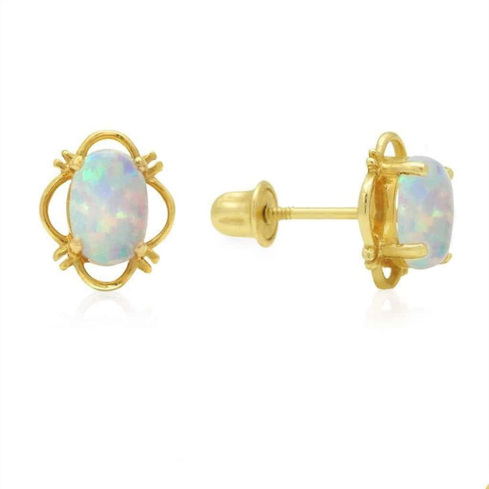 14K Yellow Gold 9mm Oval Shape White Fire Opal Stud Screw back Earrings