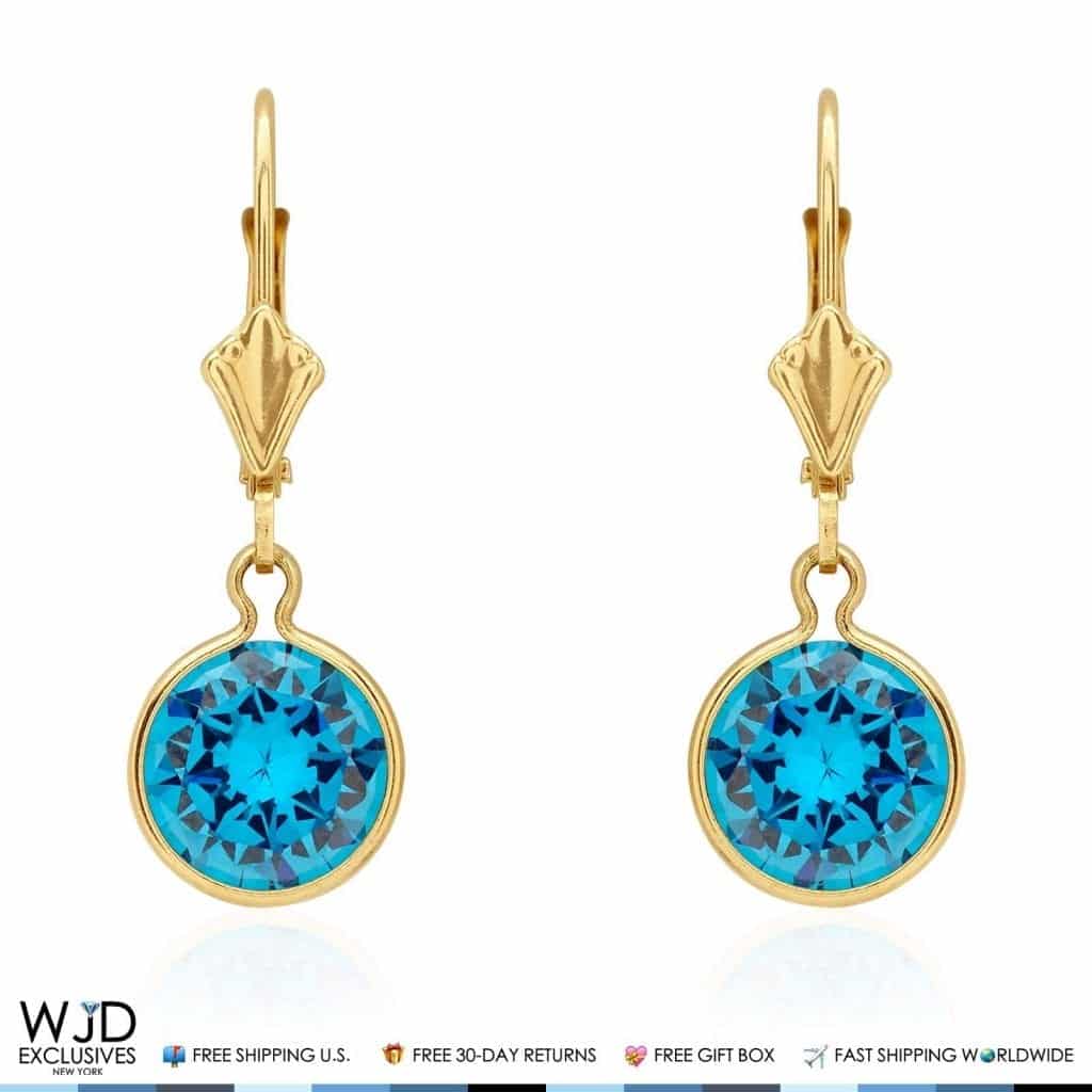 14K Solid Yellow Gold  Blue Topaz Leverback Dangle Earrings 1&quot;