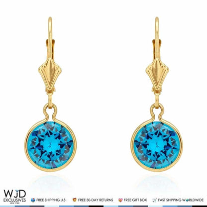 14K Solid Yellow Gold  Blue Topaz Leverback Dangle Earrings 1&quot;